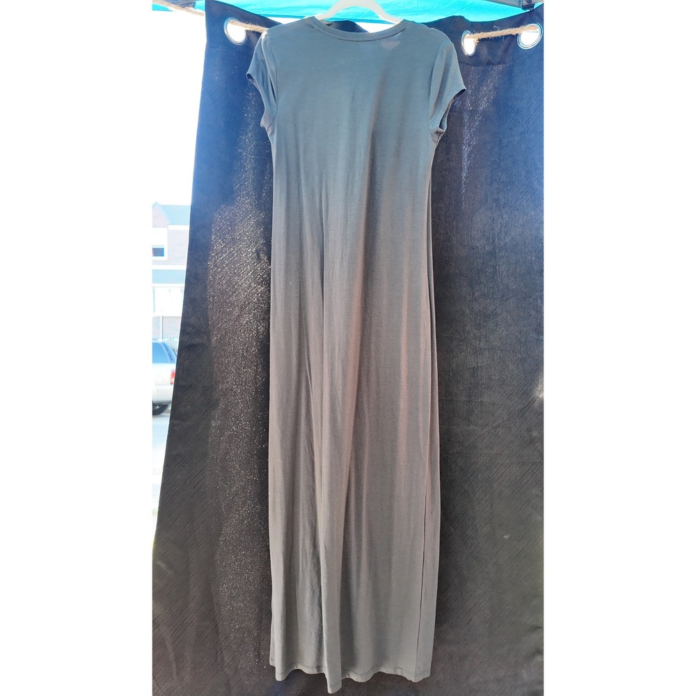 Womens Short Sleeve Maxi Dress Charcoal Gray Crew Neck Jersey Knit Column Gown